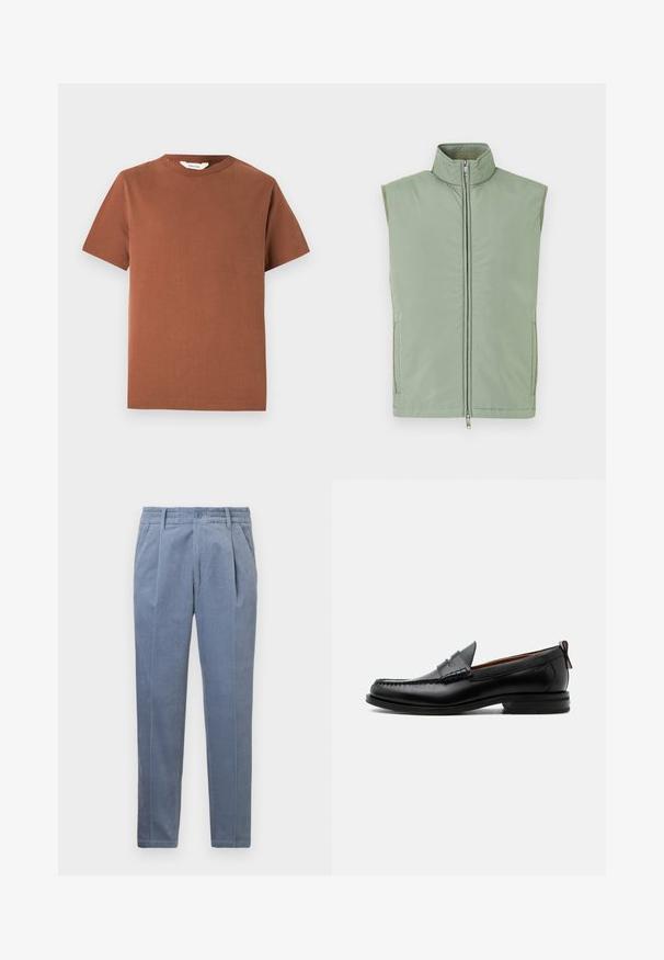 Lysegrøn ærmeløs vest med høj krave, frontlynlås og sidelommer. Fremstillet af glat stof med mat finish.; Brun kortærmet t-shirt med rund hals lavet af blød bomuld, med et enkelt design uden synlige mønstre eller dekorationer.; Lyseblå bukser lavet af tekstureret stof. Har en knaplukning, læg og en elastisk talje for komfort. Lige ben-design.; Sort læder herre loafer med moc-tå syning, penny strop, struktureret krave og lav stablet hæl på hvid baggrund.