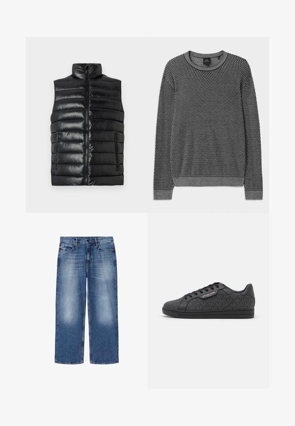 Sort, kviltet, ærmeløs puffer vest med ståkrave, frontlynlås og to lynlåslommer på en ensfarvet baggrund.; Grå strikket sweater med et tekstureret mønster, rund halsudskæring og ribbede manchetter. Lavet af et blødt, let materiale.; Blåtonede straight-leg denimjeans med fem lommer og knaplukning, vist fladt på hvid baggrund.; Sorte sneakers med en tekstureret stofoverdel med et subtilt MK-mønster, sorte læderdetaljer og en sort gummisål.