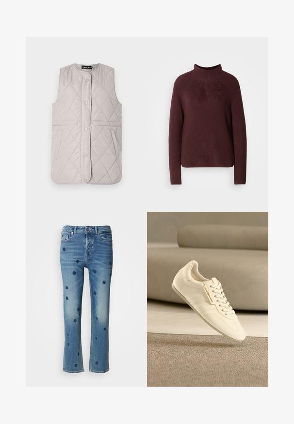 Lys grå quiltet vest med rund halsudskæring, trykknapper og sidelommer; har diamantformet syninger over det hele.; Bordeaux sweater med høj hals, ribbet tekstur og lange ærmer. Har en let boxy form og en kant, der falder ved hoften.; Lysblå denimjeans med lige ben, prydet med marineblå blomsterbroderi og slitageeffekter nær lommerne og kanten.; Lysebeige lædersneaker med tekstureret finish, flade snørebånd og diskret branding, med en strømlinet design og minimalistisk silhuet.