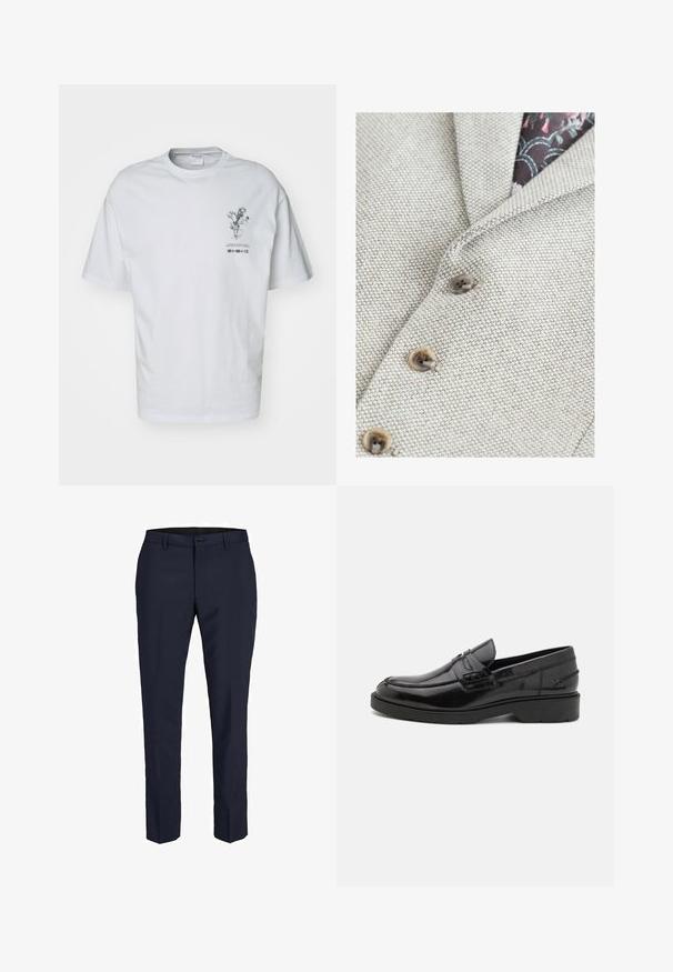 Helle beige, strukturierte Stoff mit subtilen Muster, ausgestattet mit einem Reverskragen und drei braunen Knöpfen, die ein floral gemustertes Innenfutter enthüllen.; Weißes Baumwoll-T-Shirt mit kurzen Ärmeln, das auf der Vorderseite ein grafisches florales Design und darunter Textdetails zeigt.; Jack & Jones PREMIUM JACK & JONES PREMIUM HOSE KARO- - Anzughose - perfect navy; Schwarze Lederloafers mit glatter Oberfläche, abgerundetem Zehenbereich, niedrigem Absatz und dekorativer Naht entlang der Vorderseite. Gummisohle für guten Halt.