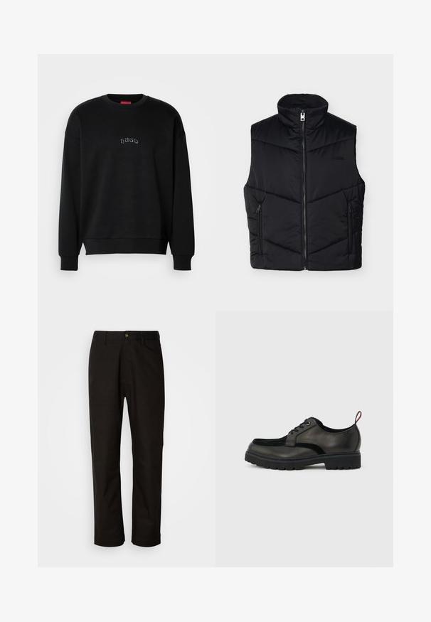 Sort ærmeløs quiltet vest med høj krave, lynlås foran, to lynlåslommer i siden og diskret logo på brystet.; Sort langærmet sweatshirt med rund hals, med små centrerede "hugo"-tekst i lys blå på brystet, ribbede manchetter og kant.; Sorte bomuldsbukser med lige pasform, bæltestropper, lynlås foran og en enkelt knappelukning. Glat tekstur uden synlige mønstre.; Sort læder snøresko med tyk slidbanesål og rød hælestropp, vist i sideprofil på en lysegrå baggrund.
