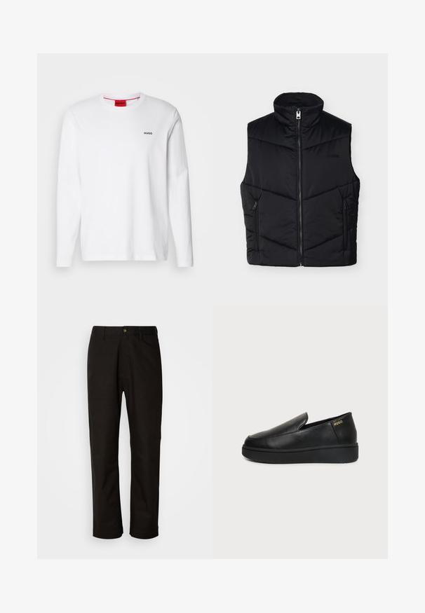 Chaleco acolchado sin mangas negro con cuello alto, cremallera frontal, dos bolsillos laterales con cremallera y un logo discreto en el pecho.; Camisa blanca de manga larga hecha de algodón, con un cuello redondo, logo negro "HUGO" en el lado izquierdo del pecho y una textura suave.; Pantalones de algodón negros con corte recto, presillas para el cinturón, cremallera frontal y un solo botón de cierre. Textura suave sin patrones visibles.; Zapato de cuero negro tipo slip-on con suela gruesa y pequeños orificios de ventilación laterales, con el logo dorado de "HUGO" cerca del talón.