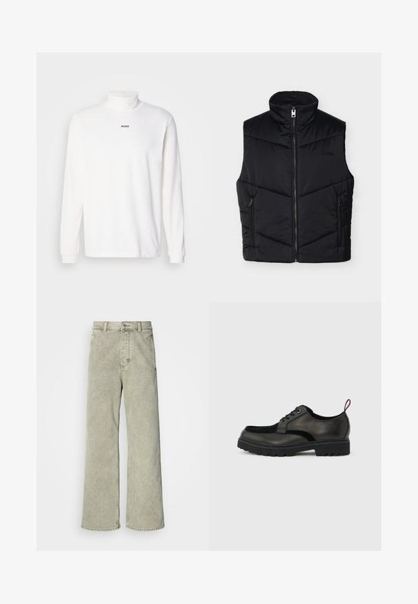 Sort ærmeløs quiltet vest med høj krave, lynlås foran, to lynlåslommer i siden og diskret logo på brystet.; Hvid langærmet turtleneck trøje lavet af blødt stof, med et diskret sort "HUGO" logo på forsiden og tætsiddende manchetter.; Lys grøn brede jeans med høj talje, lavet af denim, med knaplukning og klassisk fem-lommer design.; Sort læder snøresko med tyk slidbanesål og rød hælestropp, vist i sideprofil på en lysegrå baggrund.