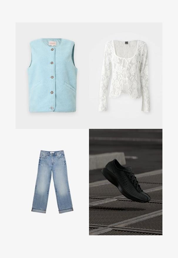 Lyseblå, ærmeløs vest lavet af blødt, blødt materiale. Har rund halsudskæring, knaplukning foran og to sidelommer.; Hvid blonde langærmet cardigan med rund udskæring og knyt-front lukning. Blomster mønster med en gennemsigtig tekstur og buet nederkant.; Lyseblå denimjeans med bred bendesign, der har frynset kant, let slid og klassisk fem-lommes design.; Sort atletisk sko med perforeret overdel, rund tå og minimalistisk design. Har flade snørebånd og en polstret sål for komfort.