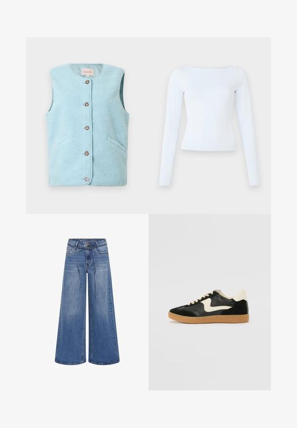 Lichtblauw, mouwloos vest gemaakt van zacht, pluizig materiaal. Heeft een ronde halslijn, knoopsluiting aan de voorkant en twee steekzakken aan de zijkant.; Langarm, lichtblauwe fitted top met een bootnek en een eenvoudig, strak ontwerp op een effen achtergrond.; My Essential Wardrobe MWKARO 144 MID XWIDE - Wide leg - medium blue wash; Zwarte suède en leren sneaker met een crèmekleurige zij-swoosh en lichte crèmekleurige hiel. Voorzien van beige veters en een gumrubberen zool.