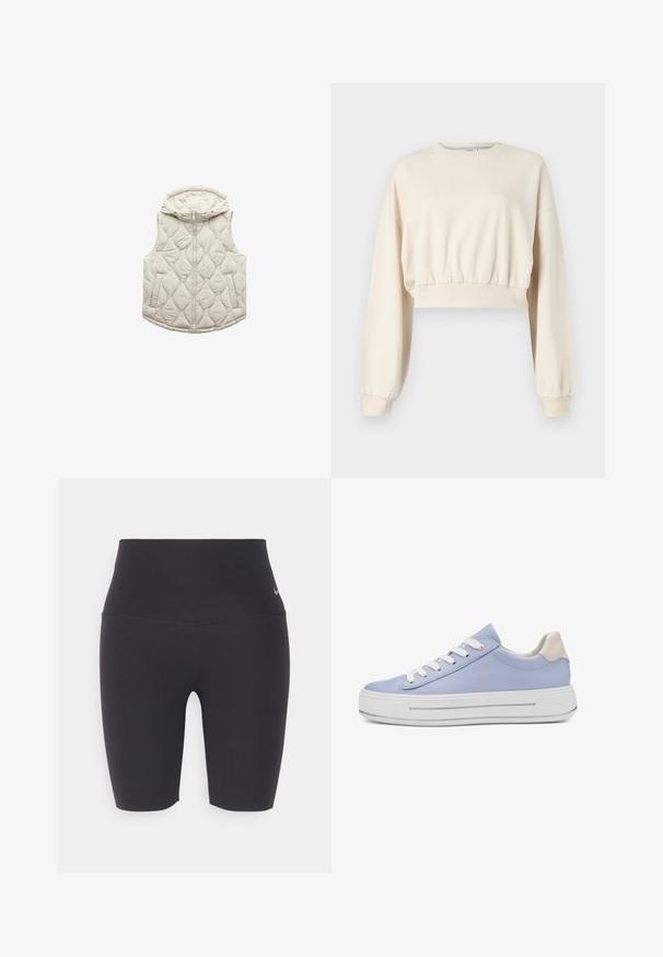 Gewatteerd beige vest met capuchon, voorzien van een ritssluiting aan de voorkant, zijzakken en een afgeronde zoom, gemaakt van zacht, lichtgewicht materiaal.; Ongemakkelijke, beige sweatshirt met lange, luchtige mouwen. Heeft een elastische taille en geribde manchetten. Subtiele logo geborduurd nabij de halslijn.; Zwarte sportieve fietsbroek van rekbaar materiaal, met een hoge tailleband, een gladde textuur en een klein logo op de linkse heup.; Lichtblauwe lage sneaker met witte veters, dikke witte zool en beige hielstuk, zijaanzicht op een witte achtergrond.