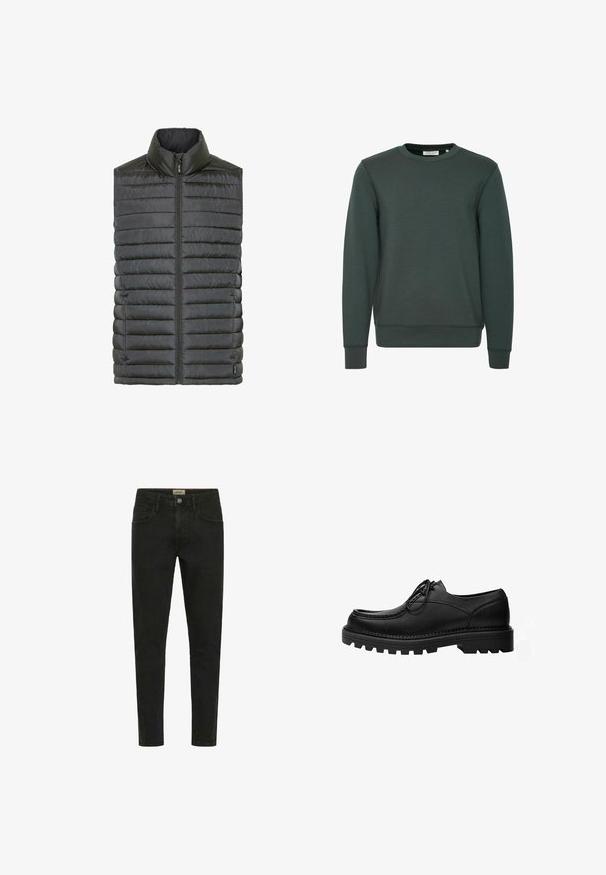 Gilet rembourré noir avec un col haut, présentant des coutures horizontales, une fermeture éclair à l'avant et une texture lisse. Sans manches ; design léger.; Sweatshirt en coton vert foncé avec un col rond, des manches longues, des poignets côtelés et un ourlet droit. Design minimaliste sans motifs visibles.; Jean slim noir en denim, avec fermeture à bouton, cinq poches et un design épuré et minimal.; Chaussure noire en cuir à lacets avec une semelle épaisse et robuste et des coutures détaillées sur la tige, conçue pour un usage formel ou décontracté.