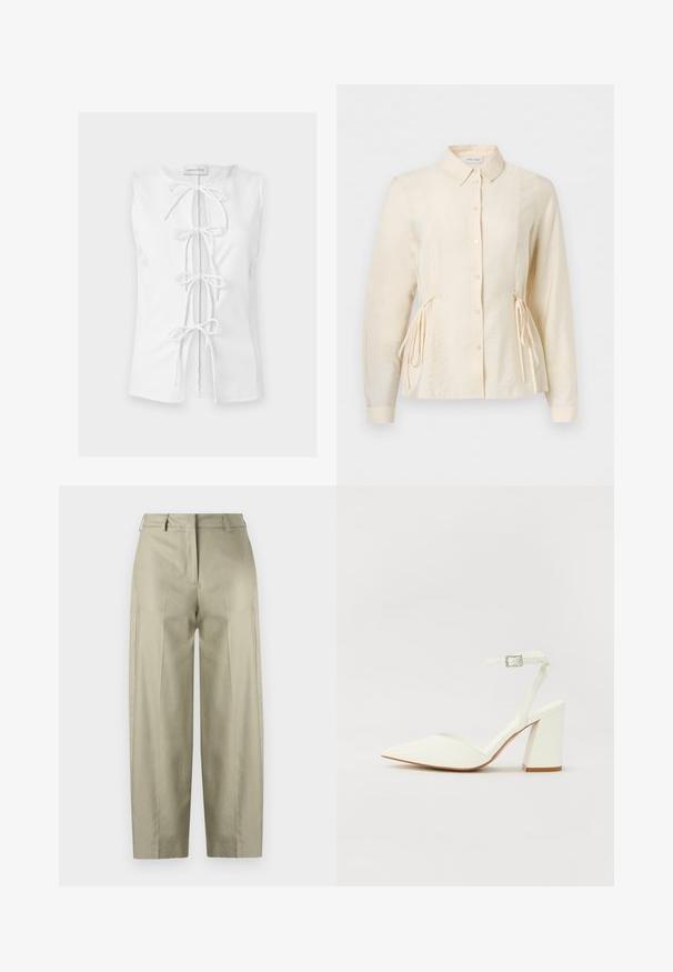 Witte mouwloze top met vier gebonden strikjes aan de voorkant en een klein merketiket bij de hals met de tekst Anna Field.; Crèmekleurige blouse met lange mouwen, knopen aan de voorkant, kraag en verstelbare zijstrikjes voor een aansluitende taille.; Beige, wijde broek gemaakt van een gladde stof. Heeft plooien, een rits en riemlussen. Rechte snit van taille tot zoom.; Witte hakken sandaal met een puntige neus, verstelbaar enkelbandje en een stevige vierkante hak. Gladde textuur met minimale stiksels.