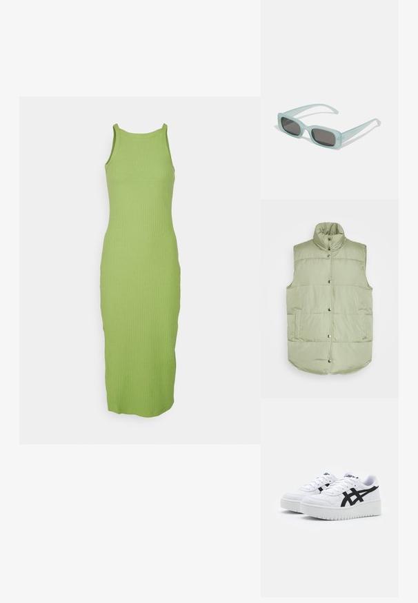 Pieces PCTEE WAISTCOAT - Γιλέκο - tea; Πλεκτό φόρεμα tank σε φωτεινό πράσινο με ριγωτή υφή, διαθέτει στρογγυλή λαιμόκοψη και εφαρμοστή σιλουέτα, φτάνοντας μέχρι το ύψος της μέσης κνήμης.; Λευκά αθλητικά παπούτσια με υφή, μαύρες πλευρικές ρίγες και χοντρή λευκή σόλα. Περιλαμβάνει σχέδιο με κορδόνια και λογότυπο στη γλώσσα.; Ενα ζευγάρι ορθογώνια γυαλιά ηλίου με ανοιχτό μπλε ημιδιαφανείς σκελετούς και σκούρους γκρι φακούς, διαθέτοντας ίσιες βραχίονες και ελάχιστες λεπτομέρειες υλικών.