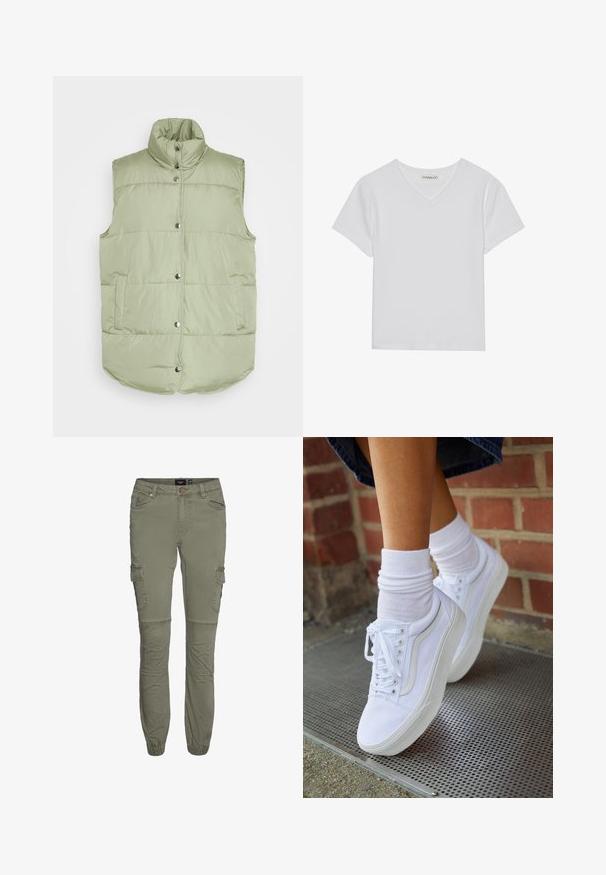 Pieces PCTEE WAISTCOAT - Bodywarmer - tea; Witte T-shirt met korte mouwen en V-hals, gemaakt van ribbelstof. Heeft een strakke ontwerp met een rechte zoom en minimale details.; Olijf groene cargobroek van een duurzame katoenmix met taps toelopende boorden, meerdere zakken en knievouwen voor extra bewegingsvrijheid.; Witte canvas sneakers met rubberen zolen, voorzien van zes vetertjes, een ronde neus en lichte stikdetails, gecombineerd met witte enkelsokken.