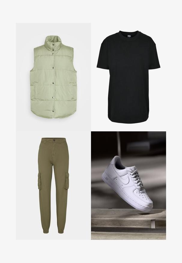 Pieces PCTEE WAISTCOAT - Veste sans manches - tea; T-shirt noir à manches courtes avec col rond en taille XS, avec étiquette "Urban Classics" à l'intérieur du col.; Pantalons cargo vert olive en tissu doux, dotés de deux poches latérales, de poignets élastiques et d'une fermeture par bouton à l'avant.; Baskets Nike Air Force 1 blanches lévitant au-dessus d'une surface en béton avec des ombres dans un cadre minimaliste.