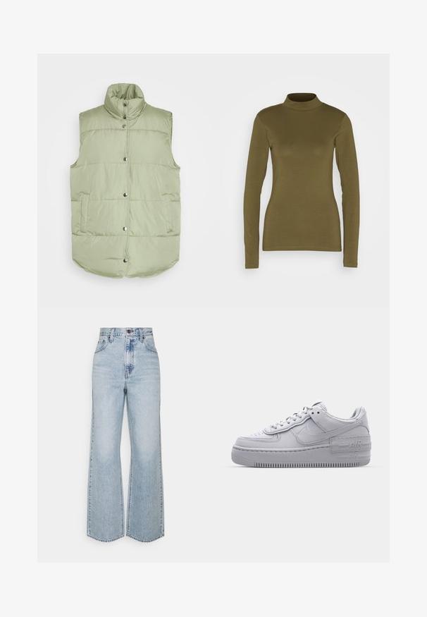 Pieces PCTEE WAISTCOAT - Veste sans manches - tea; JDY T-shirt à manches longues - kalamata; Jean large en denim bleu clair avec taille haute, design classique à cinq poches et couture contrastante. Détail de ourlet brut en bas.; Basket en cuir lisse gris Nike Air Force 1 avec un bout perforé, une semelle épaisse et un détail 'AIR' en relief sur le talon.