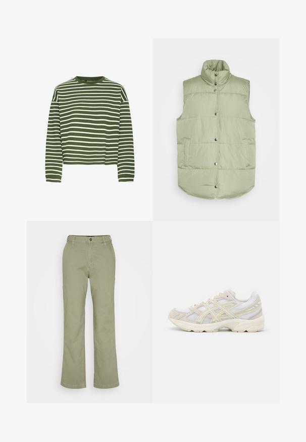 Pieces PCTEE WAISTCOAT - Chaleco - tea; Top de manga larga a rayas verdes y blancas con cuello redondo y corte recto. Tejido suave y texturizado, con rayas horizontales distribuidas uniformemente.; Hollister Co. CARPENTER DAD - Pantalones - olive; Zapatillas de correr con parte superior de malla en gris claro y beige, con acentos en amarillo, suela acolchada y patrones texturizados en los laterales.