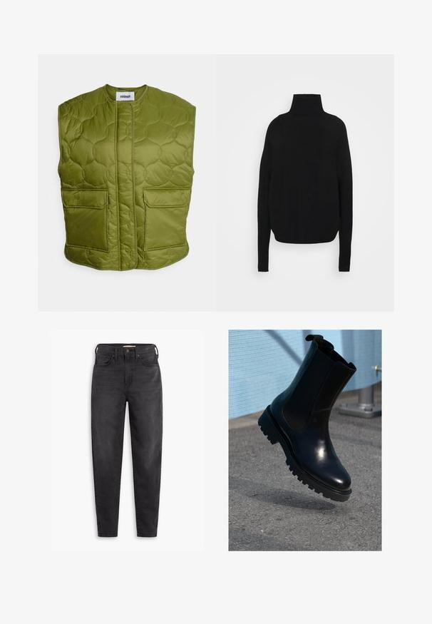 Minimum PENDINI - Veste sans manches - calla green; Pull en col montant noir en matière douce, avec des manches longues et une coupe décontractée, présentant une texture subtile et un design minimaliste.; Jean slim taille haute noir avec poches avant et arrière, fermeture à bouton et passants de ceinture, présentés sur un fond blanc.; Bottine en cuir noir avec panneaux élastiques sur les côtés, bout arrondi et semelle épaisse texturée. Finition lisse avec un design minimaliste.
