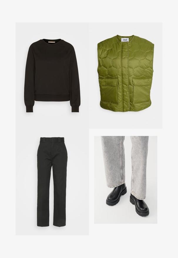 Minimum PENDINI - Vesta - calla green; Čierna mikina so zaobleným výstrihom, dlhými raglánovými rukávmi, elastickými manžetami a priliehavým lemom. Vyrobená z mäkkej tkaniny, minimalistický dizajn.; Čierne nohavice s rovnom strihom, vyrobené z hladkej tkaniny. Pás má pútka na opasok a neobsahuje viditeľné zapínanie.; Vagabond COSMO - Členkové čižmy na platforme - black