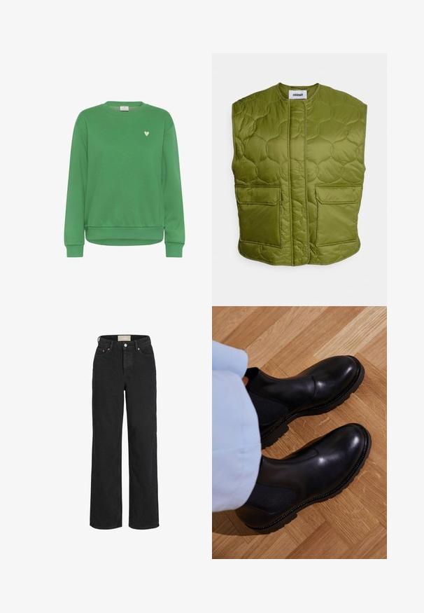 Minimum PENDINI - Veste sans manches - calla green; Sweat-shirt vert en coton, avec un col rond, des manches longues, des poignets côtelés et un petit accent en forme de cœur blanc sur la poitrine.; Jean noir taille haute, coupe droite, avec bouton et fermeture éclair devant, passants de ceinture et design à cinq poches.; Bottines noires en cuir lisse avec des panneaux latéraux élastiques, une semelle en caoutchouc texturé et des coutures contrastantes le long du bord.