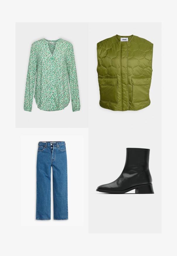 Minimum PENDINI - Γιλέκο - calla green; Μπλούζα με κουμπιά και μακριά μανίκια με πράσινο και λευκό φύλλωτο σχέδιο, V-λαιμόκοψη και ελαστικά μανσέτες.; Μπλε τζιν παντελόνι ευθείας γραμμής με ψηλή μέση, πεντάτσεπη σχεδίαση και κουμπωτή ζώνη. Εντυπωσιακή ραφή και κοίλες καφέ νίκελ.; Μαύρη ankle μποτάκια από γυαλιστερό δέρμα, με κομψό σχέδιο, μυτερή μύτη και μεσαίο τετράγωνο τακούνι για σταθερότητα.