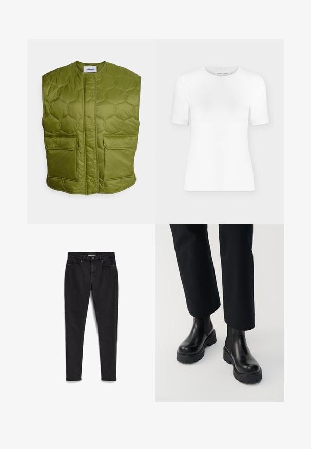 Minimum PENDINI - Bodywarmer - calla green; Wit T-shirt met korte mouwen en een ronde hals, een slanke pasvorm en geribbelde stof, weergegeven op een effen lichtgrijze achtergrond.; Zwarte skinny jeans gemaakt van denim; vijf-pocket ontwerp met een rits en knoopsluiting. Heeft een subtiele textuur en een schone, minimalistische stitching.; Persoon die zwarte leren enkellaarzen met dikke zool draagt, gecombineerd met zwarte broek met rechte pijpen op een witte achtergrond.