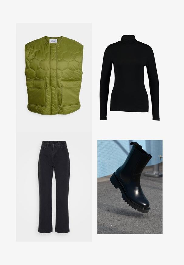 Minimum PENDINI - Vest - calla green; Sort langærmet turtleneck top lavet af glat stof, med et tætsiddende design og høj hals, velegnet til lag-på-lag brug eller som en selvstændig beklædningsgenstand.; Sorte jeans med høj talje og lige ben, med forlommer og bæltestropper på en hvid baggrund.; Sort ankelstøvle i læder med elastiske sidepaneler, rund tå og en tyk, tekstureret sål. Glat finish med et minimalistisk design.