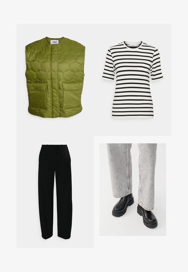 Minimum PENDINI - Weste - calla green; Stylein CHAMBERS - T-Shirt basic - white; Schwarze weit geschnittene Hose mit glatter Textur, ausgestattet mit einem mittelhohen Bund und minimalistischen Design. Keine sichtbaren Taschen oder Muster.; Vagabond COSMO - Plateaustiefelette - black