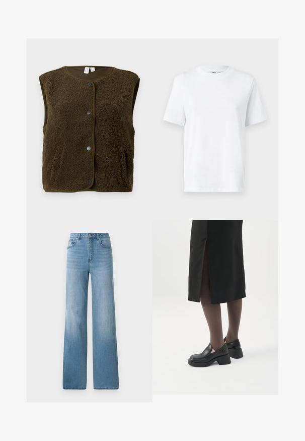 Gilet sans manches marron en polaire texturée, avec un col rond, une fermeture à pression et des poches latérales.; T-shirt en coton blanc à col rond, avec des manches courtes et une texture lisse. Conçu avec une coupe décontractée pour plus de confort et de polyvalence.; Jean taille haute bleu clair avec une coupe droite. Fabriqué en denim, avec cinq poches et une fermeture à bouton.; Femme portant des mocassins noirs à talons épais, des collants noirs transparents et une jupe noire fendue à l'arrière sur fond blanc.