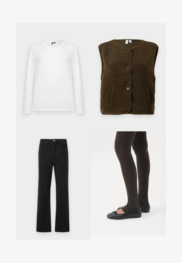 Brun, ærmeløs vest lavet af tekstureret fleece, med rund halsudskæring, trykknaplukning og sidelommer.; Lys grå baggrund med en liggende hvid langærmet t-shirt med rund hals og synlige mærker ved kraven.; Sorte denim jeans med en flareben-design, fem lommer, en frontknaplukning og subtile syninger. Blød tekstur med minimal slitage.; Ben iført mørke ribbede leggings kombineret med sorte balletsko med små sløjfedetaljer på hvid baggrund.