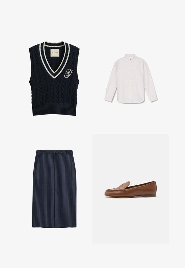 Chaleco sin mangas de punto calado en azul marino con cuello en V a rayas blancas y logo bordado "G" en el pecho izquierdo.; Camisa blanca de manga larga con botones, cuello puntiagudo, botones en toda la parte frontal y diseño sencillo, colocada extendida sobre un fondo blanco.; Falda lápiz de rayas marineras con corte recto, bolsillos frontales, cinturilla y una textura suave. Sin cierres ni aberturas visibles.; Mocasín clásico de cuero marrón con tacón bajo y detalle de puntera mocasín cosida, mostrado de perfil en un fondo blanco.