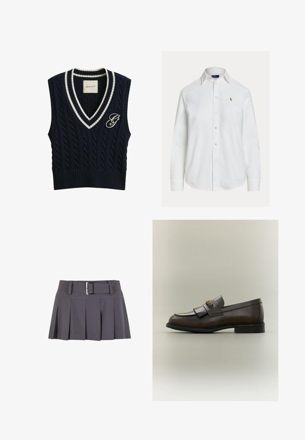 Gilet sans manches en tricot torsadé bleu marine avec encolure en V rayée blanche et logo "G" brodé sur le côté gauche de la poitrine.; Chemise blanche à manches longues, boutonnée avec col et petit logo brodé sur la poitrine gauche, présentée sur fond uni.; Jupe mini plissée grise avec une texture lisse, dotée d'une large ceinture, de passants de ceinture et d'un détail de boucle rectangulaire en argent.; Mocassin en cuir marron foncé avec détail à franges et boucle dorée sur semelle noire, vu de côté sur un fond neutre.