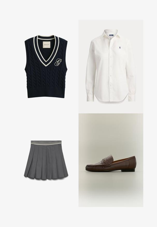 Gilet sans manches en tricot torsadé bleu marine avec encolure en V rayée blanche et logo "G" brodé sur le côté gauche de la poitrine.; Chemise blanche à manches longues avec boutons, col et petit logo bleu d’un joueur de polo sur la poitrine gauche.; Jupe plissée grise foncée avec une taille élastique rayée dans des nuances claires et foncées, posée à plat sur un fond blanc.; Mocassin en cuir marron avec détail métallique à l'avant et un petit talon noir, vu de profil sur un fond neutre.