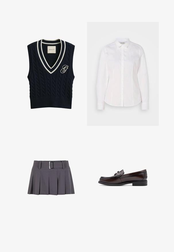 Gilet sans manches en tricot torsadé bleu marine avec encolure en V rayée blanche et logo "G" brodé sur le côté gauche de la poitrine.; Chemise blanche à boutons fabriquée en coton lisse, avec un col classique, des manches longues et un logo subtil sur la poitrine. Présente une fermeture à boutons sur le devant.; Jupe mini plissée grise avec une texture lisse, dotée d'une large ceinture, de passants de ceinture et d'un détail de boucle rectangulaire en argent.; Mocassin penny en cuir marron foncé avec un petit talon empilé et une couture moc toe, vu de profil sur fond blanc.