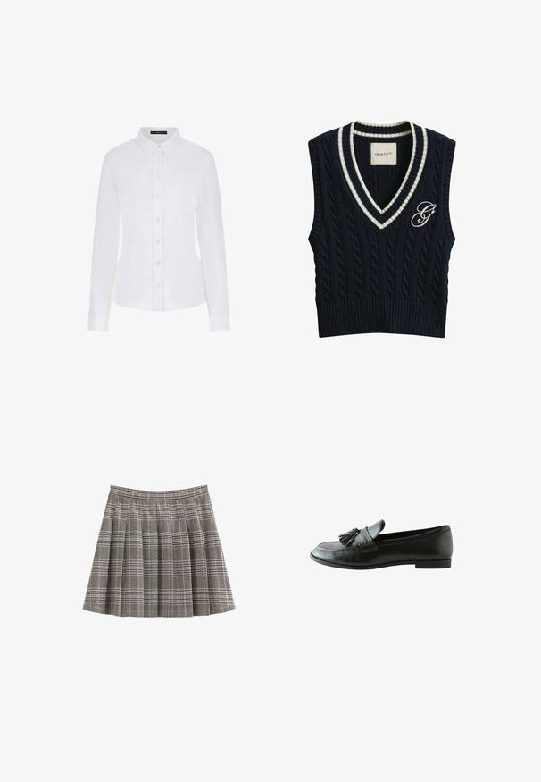 Chaleco sin mangas de punto calado en azul marino con cuello en V a rayas blancas y logo bordado "G" en el pecho izquierdo.; Camisa blanca de manga larga con cuello, cierre de botones en la parte delantera y puños. Elaborada en una tela suave con un diseño ajustado y sin patrones visibles.; Falda de cuadros en negro, blanco y gris con pliegues y una cintura ajustada. Textura lisa con un patrón clásico de tartán en toda la prenda.; Mocasín negro de piel con borlas en la parte delantera, suela plana y costuras decorativas a lo largo del lateral.