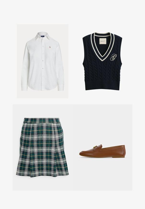 Gilet sans manches en tricot torsadé bleu marine avec encolure en V rayée blanche et logo "G" brodé sur le côté gauche de la poitrine.; Chemise blanche à manches longues, boutonnée avec col et petit logo brodé sur la poitrine gauche, présentée sur fond uni.; Hollister Co. PLEATED MINI SKIRT - Minijupe - green; Mocassin en cuir marron avec une boucle dorée et un petit talon plat, vu de profil sur un fond clair uni.