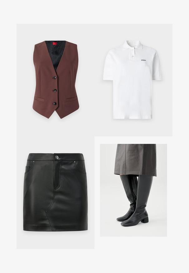 Bruine op maat gemaakte vest met een V-hals, vijf zwarte knopen, twee zijzakken en een gestreepte zwarte binnenvoering.; Witte poloshirt van katoen, met een klassieke kraag, drie knopen en een klein zwart logo op de linkerborst. Korte mouwen.; Zwarte nepleer mini-rok met een voorknop, ritsluiting, voor- en achterkant zakken, en naaddetail.; Zwart leren kniehoge laarzen met een vierkante neus, een schuin blokhak en een ritssluiting aan de zijkant; gladde textuur en aansluitend ontwerp.