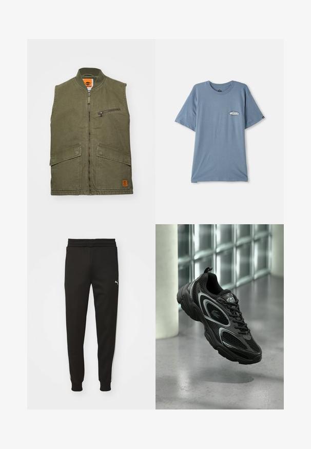 Oliven grøn ærmeløs vest med høj krave, frontlynlås, en brystlomme med lynlås og to store frontlommer.; Blå bomulds t-shirt med korte ærmer, rund hals og et lille logo print på venstre brystområde. Blød tekstur, afslappet pasform.; Sorte træningsbukser med tapered fit, elastisk talje, sidelommer og hvide side-striber. Har et lille logo på venstre lår.; Sort atletiksko med mesh og syntetisk materiale, der har en tekstureret sål, slankt design, sølvdetaljer og snørebånd foran.