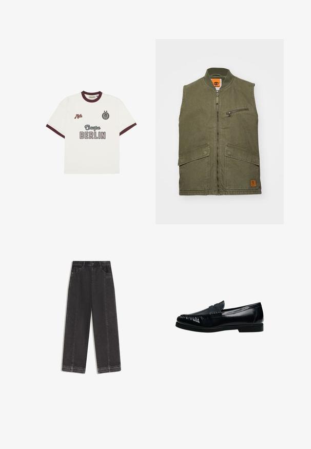 Oliven grøn ærmeløs vest med høj krave, frontlynlås, en brystlomme med lynlås og to store frontlommer.; Hvid kortærmet T-shirt med burgunderrød kant, "Escape BERLIN" tekst i midten foran, "Mitte" på venstre bryst og cirkulært emblem med to stjerner på højre bryst.; Sorte viddebukser i jeans med høj talje, forlommer, frynser på kanten og subtilt "ODD SUPPLY"-logo på højre lommeområde.; Sort herre penny loafer i læder med syninger på mok-toe og lav hæl, vist i sideprofil på hvid baggrund.