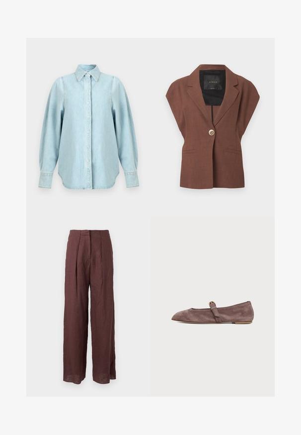 Blazer marron sans manches avec une fermeture par un seul bouton, des revers crantés, des poches avant et une doublure intérieure noire avec étiquette de marque.; Chemise en denim bleu clair avec manches longues bouffantes, col pointu, poignets boutonnés et patte de boutonnage cachée à l'avant.; Pantalon large taille haute marron foncé avec plis sur le devant et taille structurée, fabriqué en tissu léger.; Chaussure plate Mary Jane en daim marron avec un bout pointu et une petite bride à boucle dorée sur fond blanc.