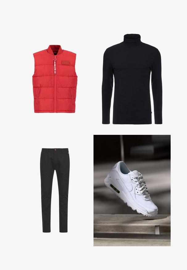 Rode puffer vest met een ritsluiting, staande kraag, zijzakken en een textuur stof. Bevat branding op de rits en het bovenste gedeelte.; Zwarte lange mouw turtleneck shirt gemaakt van zachte, rekbare stof. Heeft een aansluitend ontwerp en een gladde textuur. Geen zichtbare patronen of accenten.; Zwarte chinos met een slim fit, gemaakt van katoen, voorzien van een bruine knoopsluiting, vier zakken en klassieke stikseldetails.; Witte leren sneaker met gestructureerde oppervlakken, gevoerde kraag en zichtbare luchtbescherming in de zool. Heeft veters en een minimalistisch ontwerp.