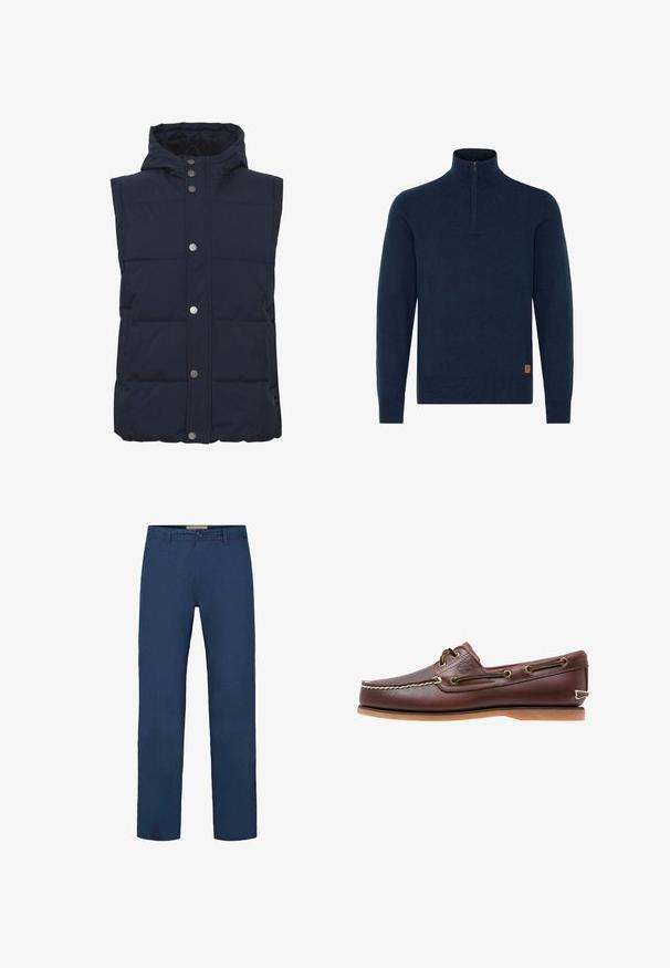 Gilet matelassé bleu marine avec capuche, fermeture à boutons-pression sur le devant, forme boxy et design matelassé. Texture douce avec poches latérales.; Pull à manches longues bleu marine avec un zip quart et un col haut, des poignets et un ourlet côtelés, et une petite étiquette logo marron sur le côté inférieur.; Pantalon en coton bleu marine avec une coupe droite, doté d'une fermeture à boutons à l'avant et de poches latérales visibles. Texture lisse.; Chaussure bateau en cuir marron avec coutures blanches, détails de lacets et semelle en caoutchouc beige, vue de côté sur fond blanc.