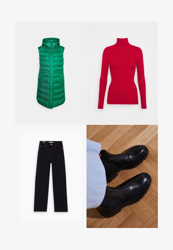FUCHS SCHMITT THERMORE - Vest - emerald; Rød ribbet turtleneck sweater med lange ærmer, struktureret stof, tætsiddende silhuet og høj krave. Ingen synlige detaljer.; Sorte denim jeans med lige pasform, fem lommer, kobberdetaljer og en glat tekstur. To mærker synlige på taljebåndet.; Sorte ankelstøvler lavet af glat læder med elastiske sidepaneler, en tekstureret gummisål og kontraststing langs kanten.