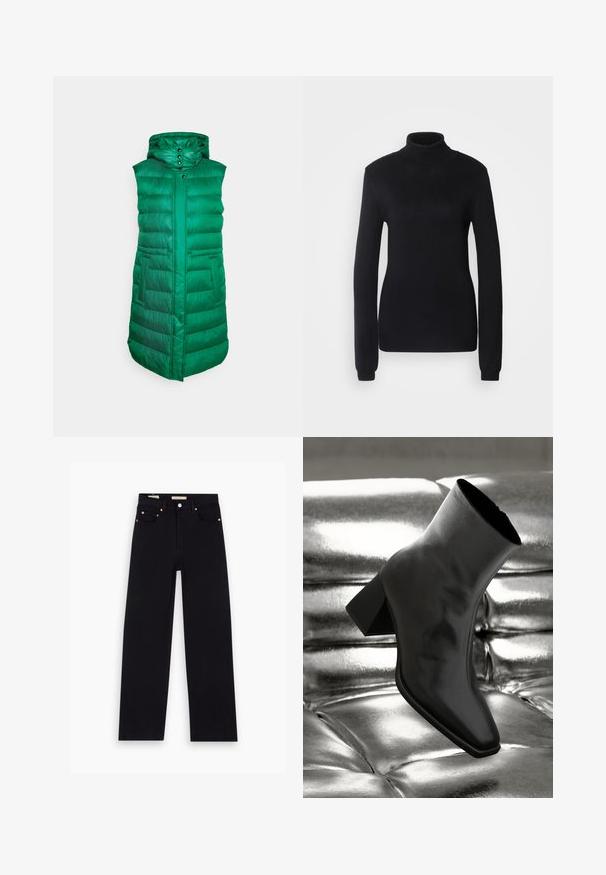 FUCHS SCHMITT THERMORE - Veste sans manches - emerald; Pull en col roulé noir fabriqué dans un tissu en maille douce, présentant des manches longues et une silhouette ajustée avec un col et un ourlet côtelés.; Jean en denim noir avec une coupe droite, cinq poches, matériel en cuivre et texture lisse. Deux étiquettes visibles sur la taille.; Botte noire à la cheville en matériau brillant avec un bout carré et un talon effilé, sur un fond argenté brillant et capitonné.