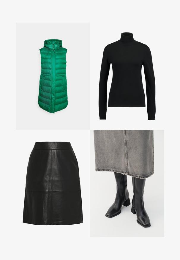 FUCHS SCHMITT THERMORE - Chaleco - emerald; Suéter negro de cuello alto hecho de una tela de punto suave. Presenta mangas largas y un diseño ajustado, con acentos de canalé en el cuello y el dobladillo.; Falda en línea A de cuero sintético negro con cintura alta y detalles de costuras visibles en la parte delantera y cerca del dobladillo.; Botas negras hasta la rodilla de cuero liso con punta cuadrada y tacón cuadrado. Llevadas con una falda de mezclilla gris con dobladillo desflecado.