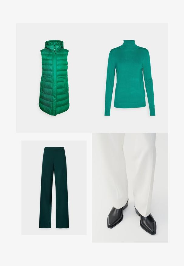FUCHS SCHMITT THERMORE - Chaleco - emerald; Jersey de cuello alto verde hecho de tela de punto acanalada. Presenta mangas largas, una silueta ajustada y una textura sólida y uniforme.; Pantalones verde oscuro de corte recto con trabillas para cinturón, cremallera frontal y perneras anchas, colocados planos sobre un fondo blanco.; Botas de tobillo negras con punta afilada y acabado de cuero liso, con tacones bajos y bloque, combinadas con pantalones blancos de pierna ancha. Diseño simple y moderno.