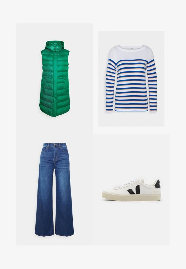 FUCHS SCHMITT THERMORE - Veste sans manches - emerald; Esprit T-shirt à manches longues - white; Jeans en denim à jambes larges de couleur indigo moyen, avec une taille haute, des poches avant et un dégradé subtil. Design classique à cinq poches avec des détails de couture.; Baskets en cuir blanc avec un logo V en caoutchouc noir. Semelle texturée blanc cassé, lacets blancs et détail sur le talon arrière portant le nom de la marque en noir.