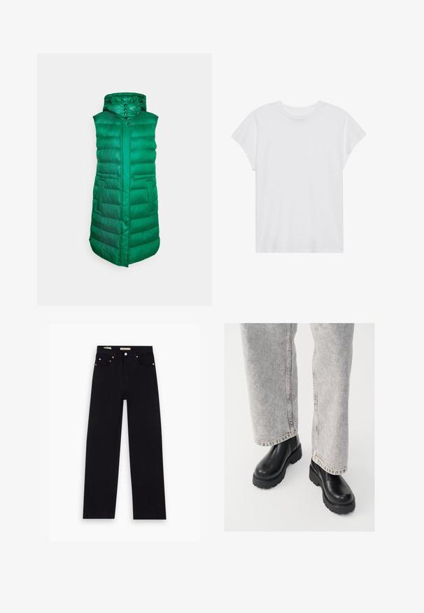 FUCHS SCHMITT THERMORE - Weste - emerald; Weißes kurzärmliges T-Shirt mit Rundhalsausschnitt, lockerer Passform, aus weichem Baumwollstoff. Glatte Textur, keine Muster oder Logos.; Schwarze Denim-Jeans mit geradem Schnitt, fünf Taschen, Kupferbeschlägen und einer glatten Textur. Zwei Etiketten sind am Bund sichtbar.; Vagabond COSMO - Plateaustiefelette - black