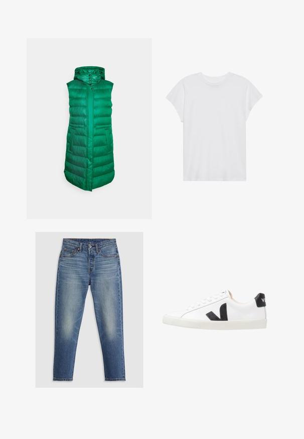 FUCHS SCHMITT THERMORE - Vest - emerald; Hvid kortærmet t-shirt med rund hals, afslappet pasform, lavet af blødt bomuldsstof. Glat tekstur, ingen mønstre eller logoer.; Lyseblå denim jeans med lige pasform, fem lommer, knaplukning og diskret falming på lårene. Kontraststing er synlige.; Hvide sneakers med et sort V-logo, der har en glat læderoverdel, rund tå, snørrelukning og en kontrasterende sort hælflap.