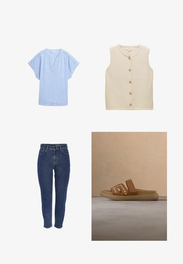 Beige mouwloze vest gemaakt van getextureerd materiaal met een ronde hals en zes gouden knopen aan de voorkant. Eenvoudig, klassiek ontwerp.; Lichtblauw shirt met korte mouwen in een ademende stof, met een v-hals en een subtiele textuurpatroon overal.; Hoge taille jeans van donkerblauwe denim met een recht gesneden design, voorzien van vijf zakken en een knoopsluiting aan de voorkant.; Bruine instapsandaal met twee banden, studs als accent en een zacht beige voetbed; gladde textuur met open ontwerp en uitsparingen.