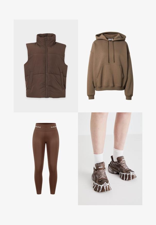 Veste matelassée marron sans manches avec col montant et fermeture éclair frontale, dotée de deux poches latérales, affichée sur un fond clair uni.; Sweat à capuche oversize marron avec poche avant, capuche à cordon, poignets et ourlet côtelés, marqué "EDITED" sur l’étiquette du col.; Leggings marron taille haute avec une texture lisse, dotés d'une ceinture tricotée portant le logo "SMIMS" en blanc, coupe ajustée, longueur totale.; Des baskets en mesh marron présentent des semelles épaisses avec un motif de gouttes blanches, des lacets texturés et des accents de talon portant une marque. Des chaussettes blanches sont visibles au-dessus.