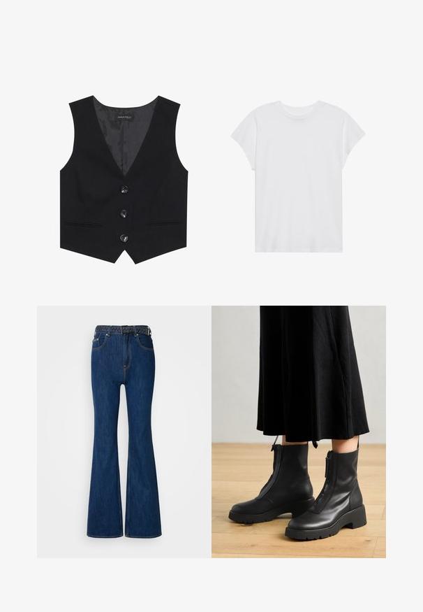 Sort vest med V-halsdesign, der har tre frontknapper, to sidelommer og en glat indvendig foring. Mærkeetiket synlig.; Hvid kortærmet t-shirt med rund hals, afslappet pasform, lavet af blødt bomuldsstof. Glat tekstur, ingen mønstre eller logoer.; Blå denim flared jeans med høj talje, kontraststing og et vævet bælte med flettet design. Glat tekstur og klassisk stil.; Sorte læder ankelstøvler med en kraftig platformsål og en frontlynlås. Glat tekstur med et minimalistisk design.