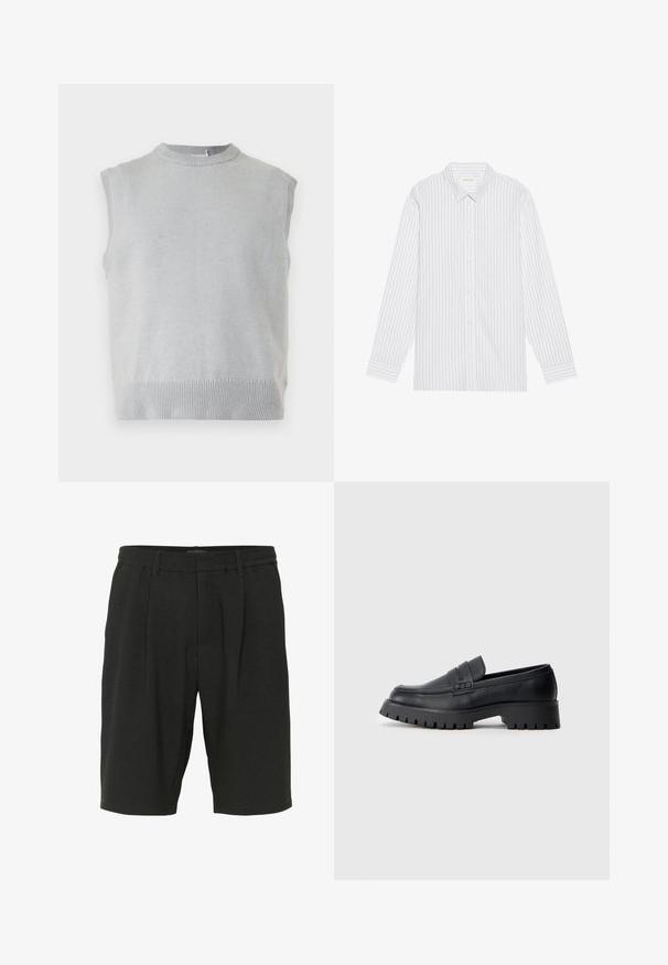 Chaleco de punto sin mangas de color gris claro con cuello redondo y bajo acanalados, mostrado sobre un fondo liso.; Camisa blanca de botones con finas rayas verticales negras, que presenta un cuello clásico y mangas largas con puños abotonados.; Pantalones cortos negros hechos de tejido texturizado, con un corte relajado, pliegues y una cinturilla elástica para mayor comodidad.; Mocasines de cuero negro con punta redondeada, que presentan una correa decorativa y una suela de goma gruesa con surcos profundos para mayor tracción.
