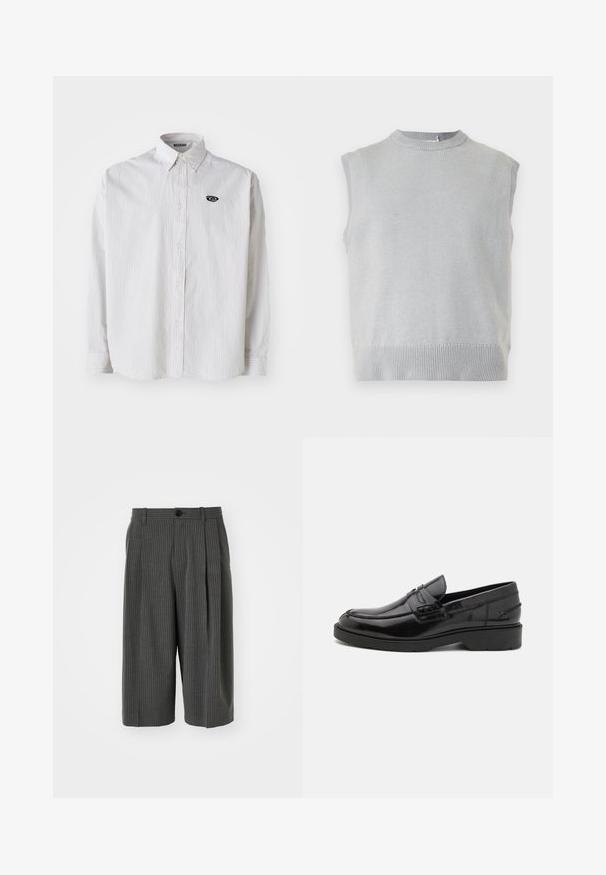 Gilet sans manches en tricot gris clair avec col rond côtelé et ourlet, présenté sur un fond uni.; Chemise blanche à manches longues avec de fines rayures verticales grises. Dotée d'un col boutonné et d'un petit logo noir sur la poitrine gauche.; Shorts larges à rayures gris avec fermeture à bouton et plissé à l'avant. Fabriqués à partir d'un tissu texturé, présentant un design ajusté.; Mocassins en cuir noir avec une finition lisse, un bout rond, un petit talon et descoutures décoratives à l'avant. Semelle en caoutchouc pour l'adhérence.